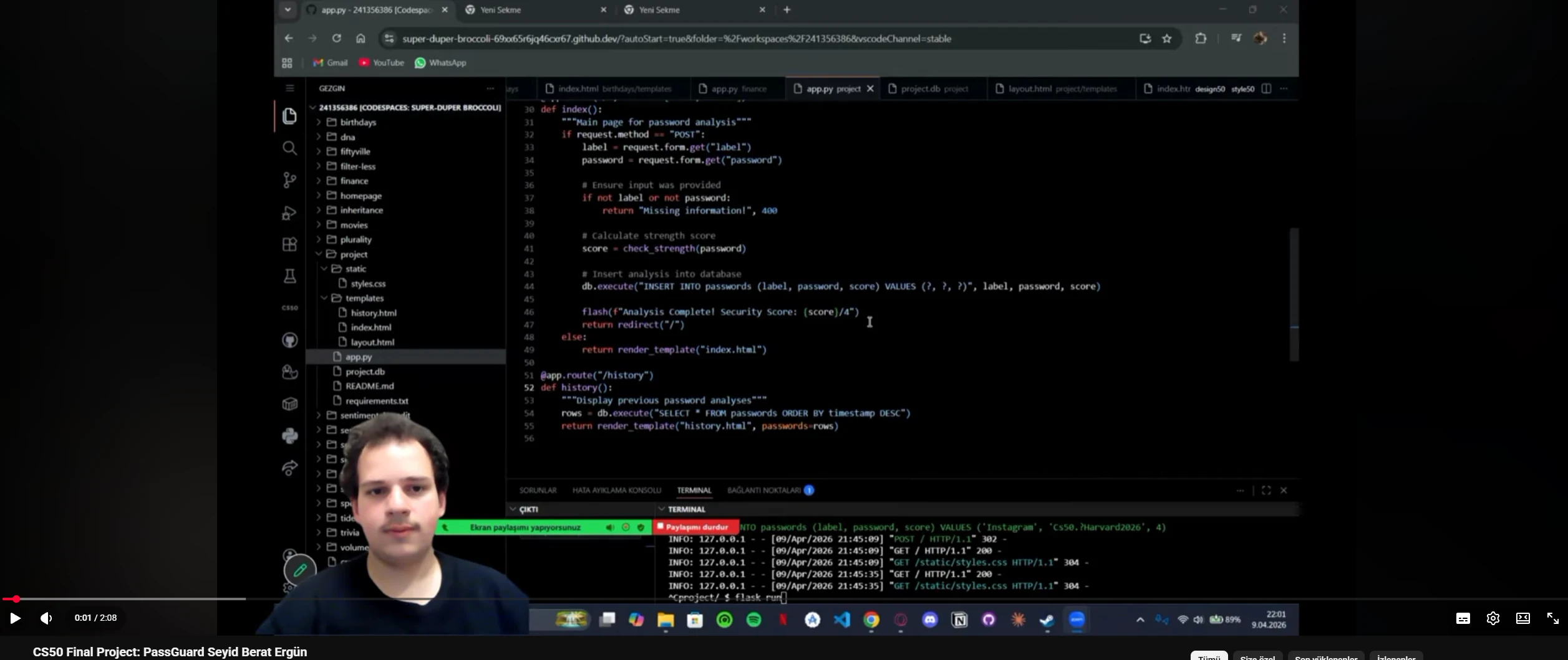 PassGuard CS50 final proje demo videosundan gerçek ekran görüntüsü